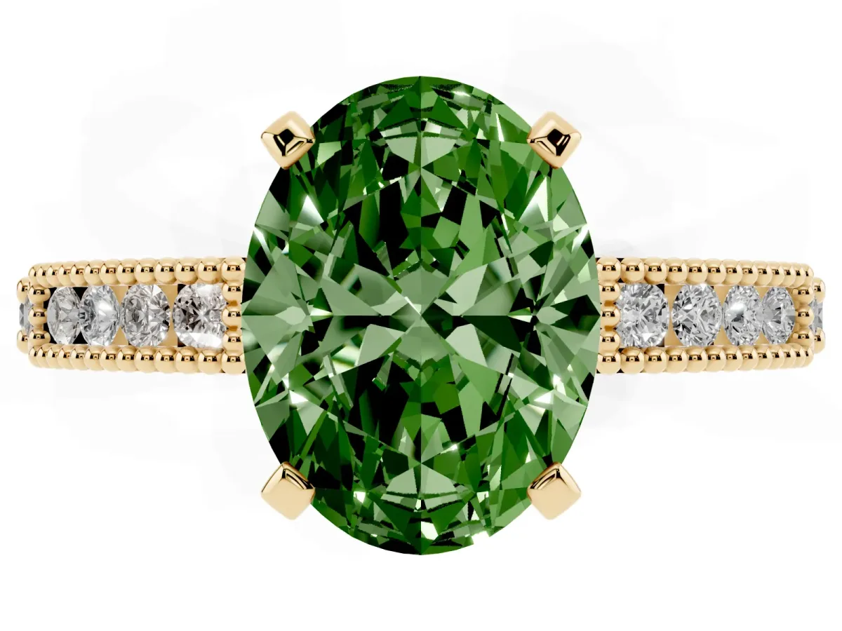 Fancy Green Oval Cut Solitaire with Pavé Band and Four-Prong Setting Yellow gold