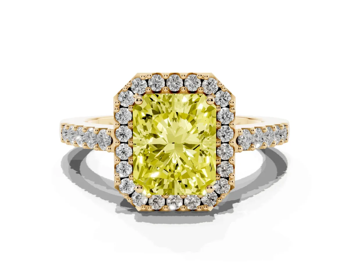Fancy Yellow Radiant Cut Halo Diamond Pavé Solitaire Ring Yellow gold