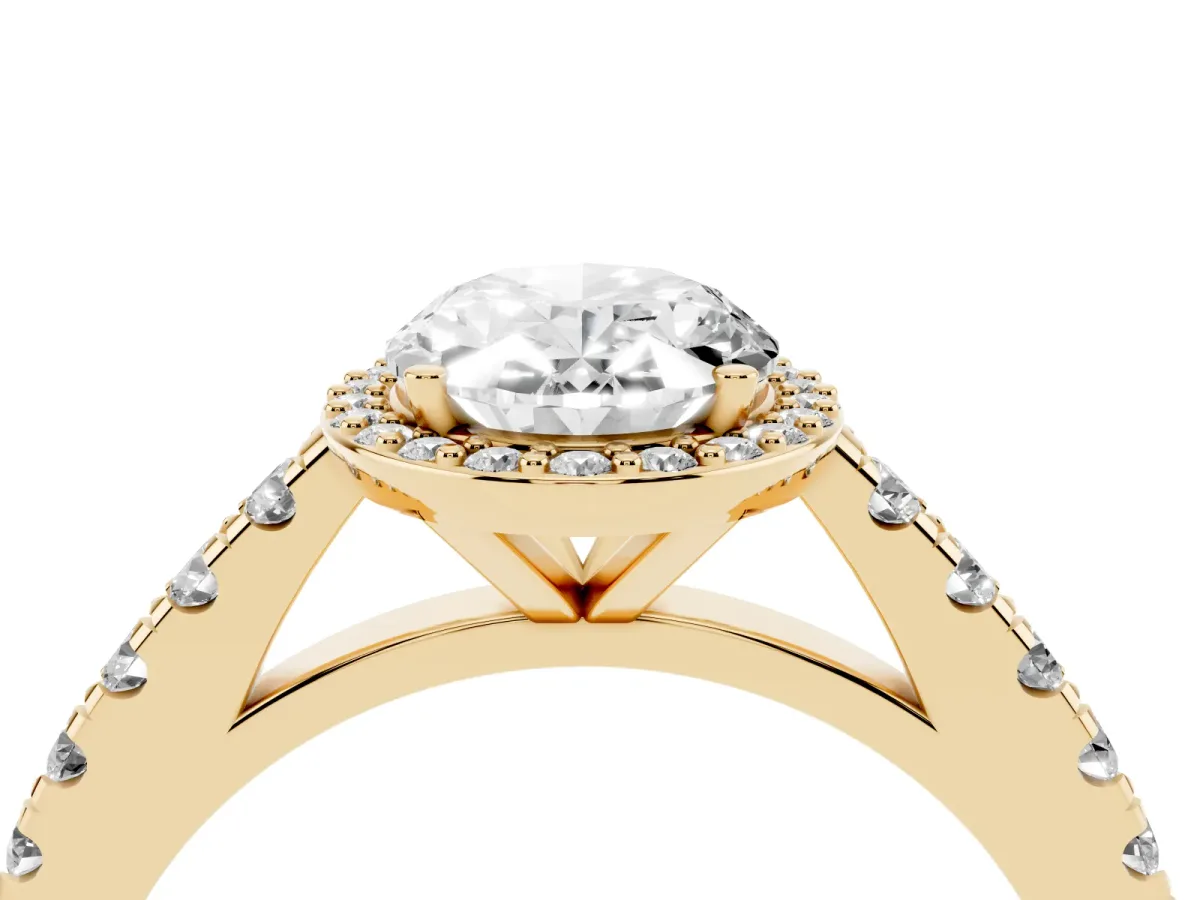 Oval Cut Cut Halo Diamond Engagement Ring with Pave Band and Four-Prong Setting Yellow gold