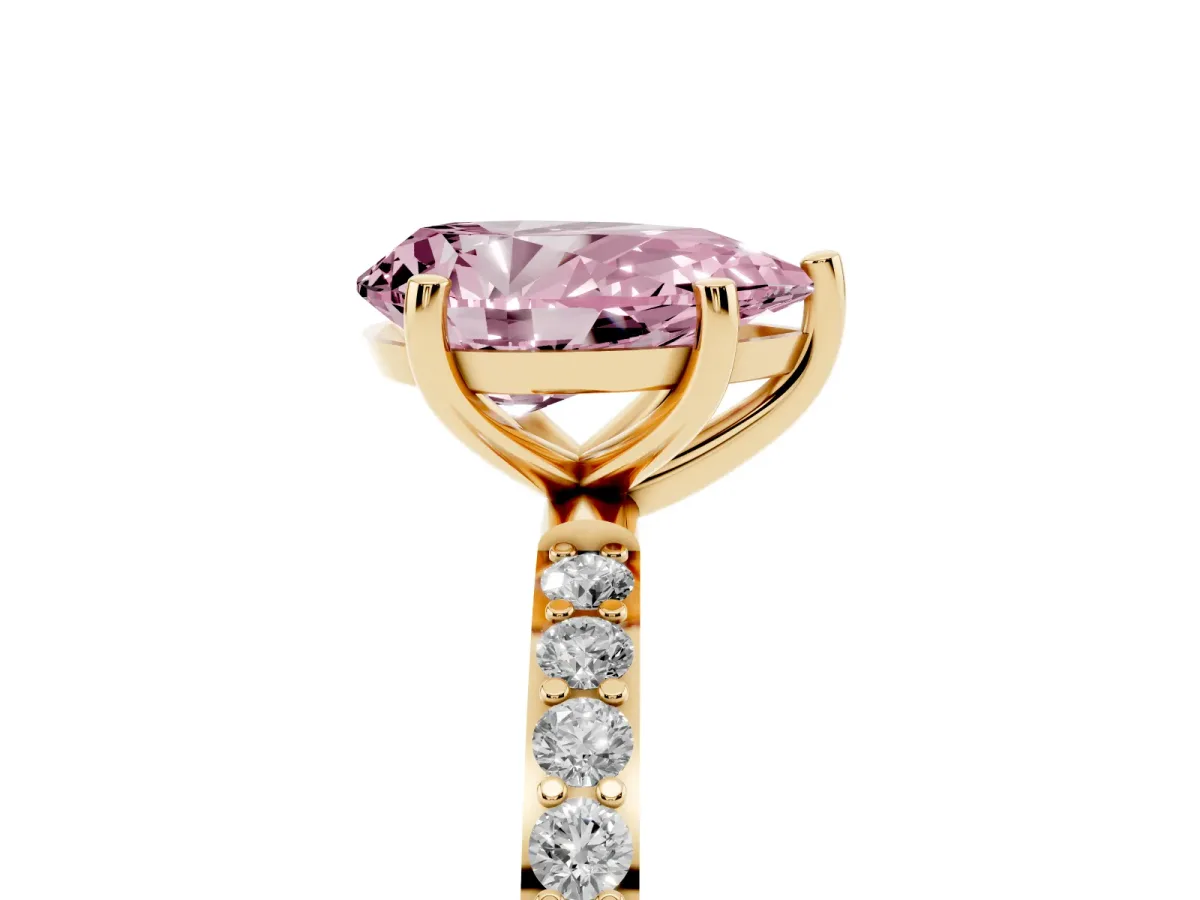 Fancy Pink Pear Cut Diamond Solitaire Ring with Round Pavé Shoulders and Prong Setting Yellow gold