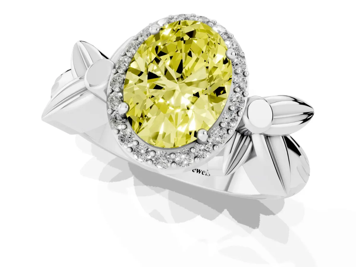 Fancy Yellow Oval Cut Halo Diamond Floral Band with Four-Prong Setting Silver