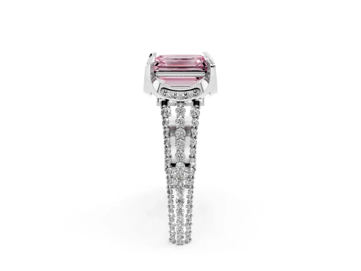 Fancy Pink Emerald Cut Solitaire Pave Split Shank Ring with Four-Prong Setting Silver