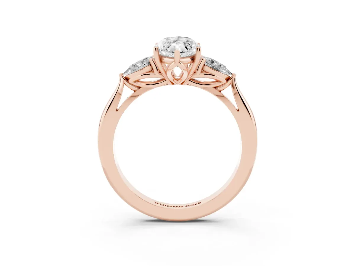 Three-Stone Marquise Cut Brilliant Diamond Solitaire Ring with Tapered Band and Four-Prong Setting Rose gold