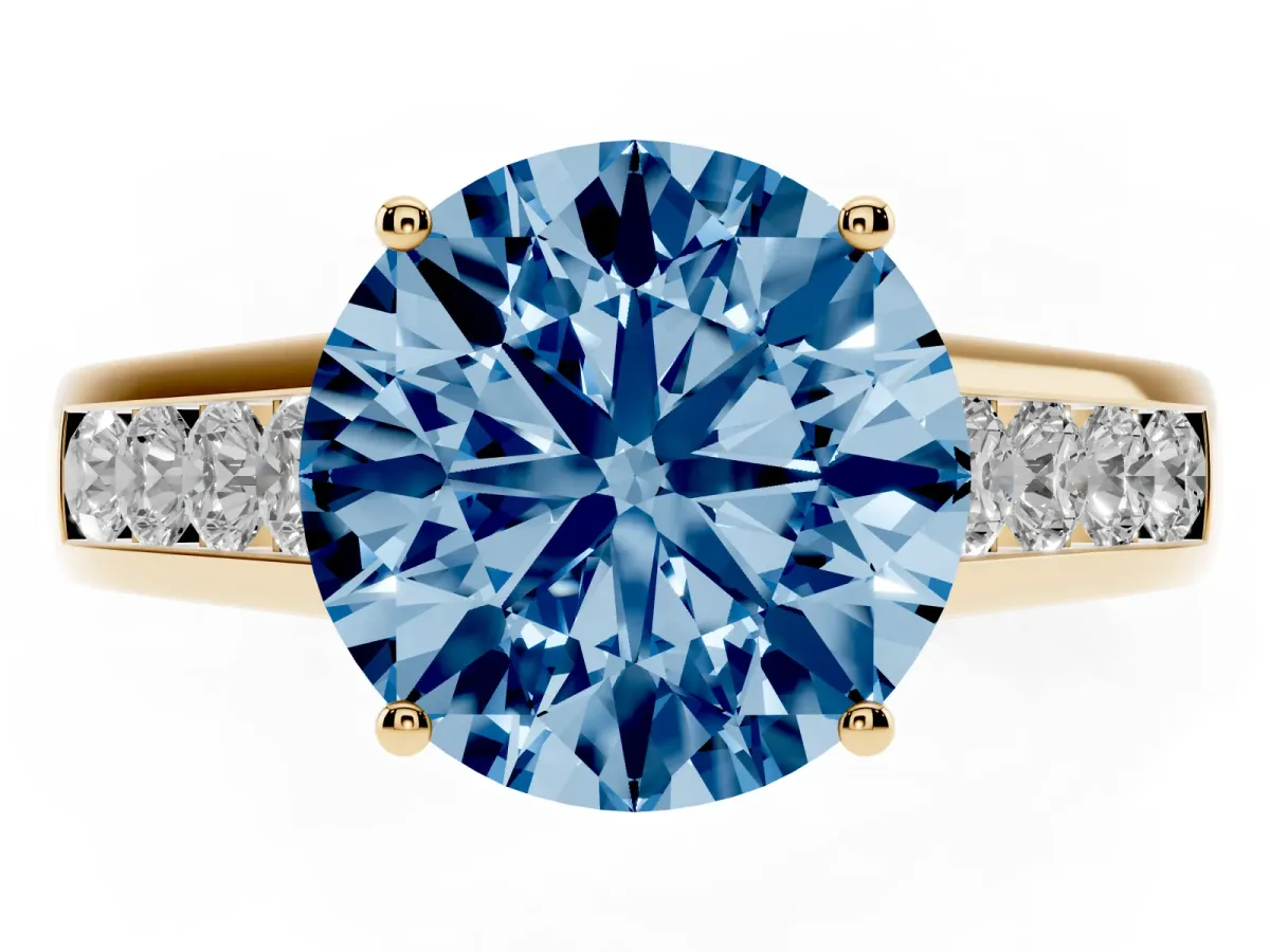 Fancy Blue Round Cut Solitaire Channel-Set Diamond Engagement Ring with Four-Prong Setting Yellow gold