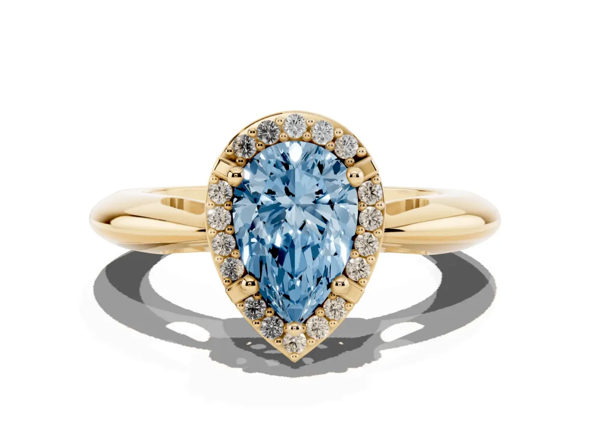 Fancy Blue Pear Cut Cut Diamond Halo Engagement Ring with Split Shank and Four-Prong Setting Yellow gold