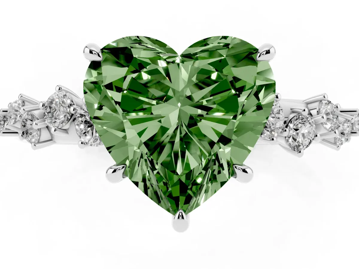 Fancy Green Heart Cut Diamond Cluster Side Stone Solitaire Ring with Prong Setting Platinum