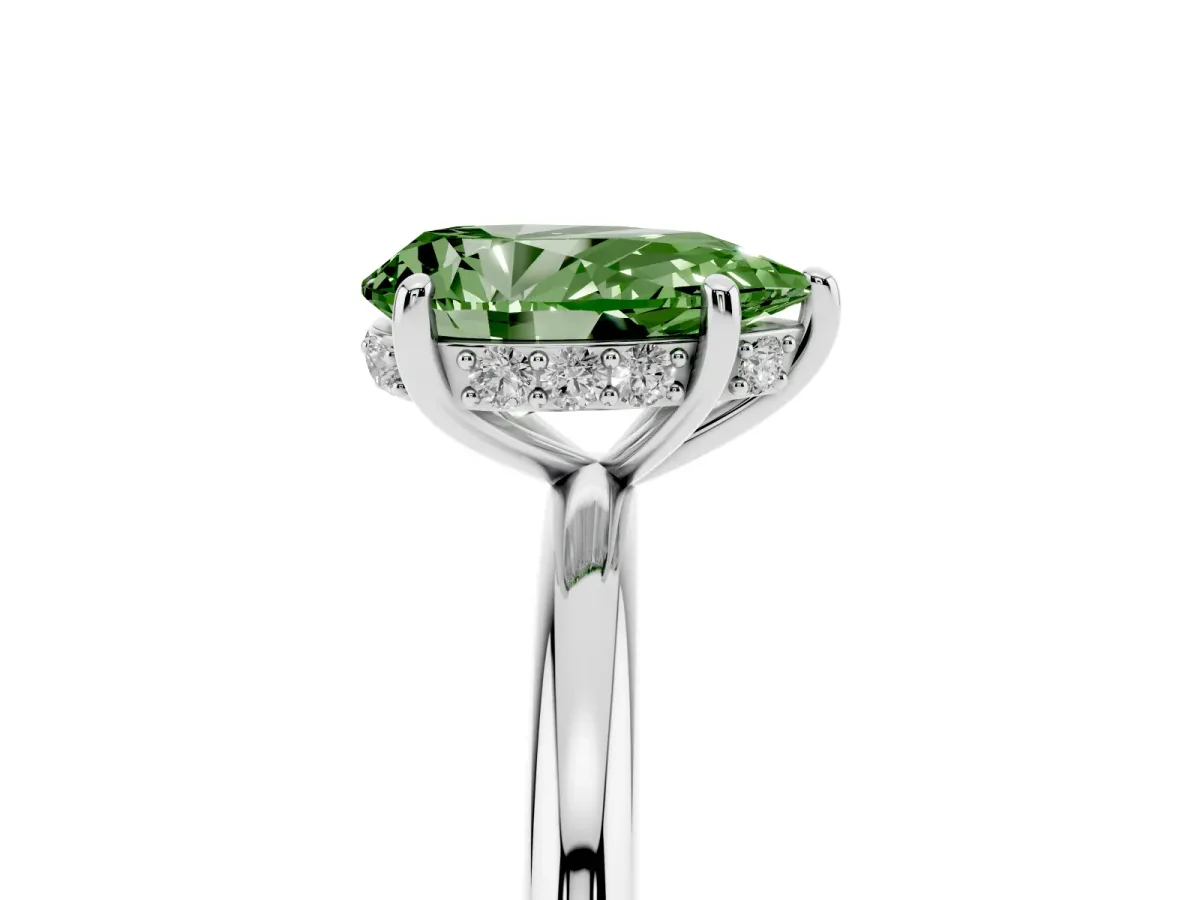 Fancy Green Pear Cut Solitaire Diamond Ring with a Classic Band and Four-Prong Setting Silver