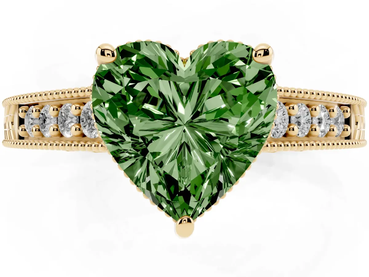 Fancy Green Heart Cut Solitaire Pavé Diamond Milgrain Engagement Ring with Four-Prong Setting Yellow gold
