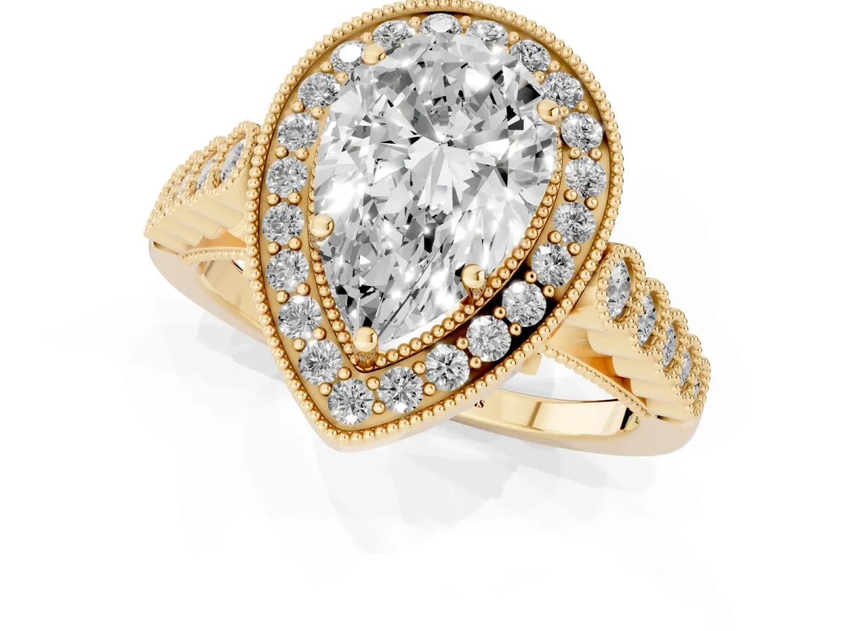 Pear Cut Halo Twist Band Solitaire Ring with Six-Prong Setting Yellow gold