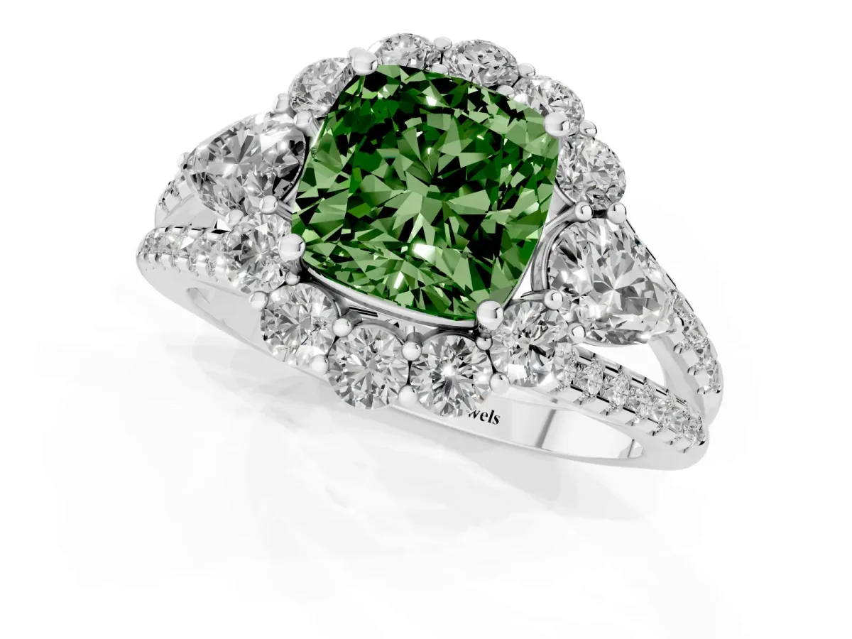 Fancy Green Cushion Cut Halo Split Shank Diamond Engagement Ring with Prong Setting Silver