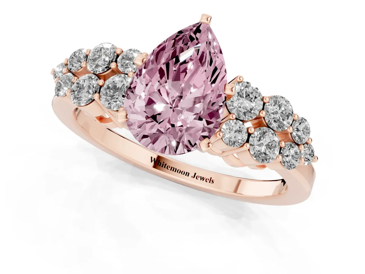 Fancy Pink Pear Cut Cluster Diamond Engagement Ring with Pavé Band and Four-Prong Setting Rose gold