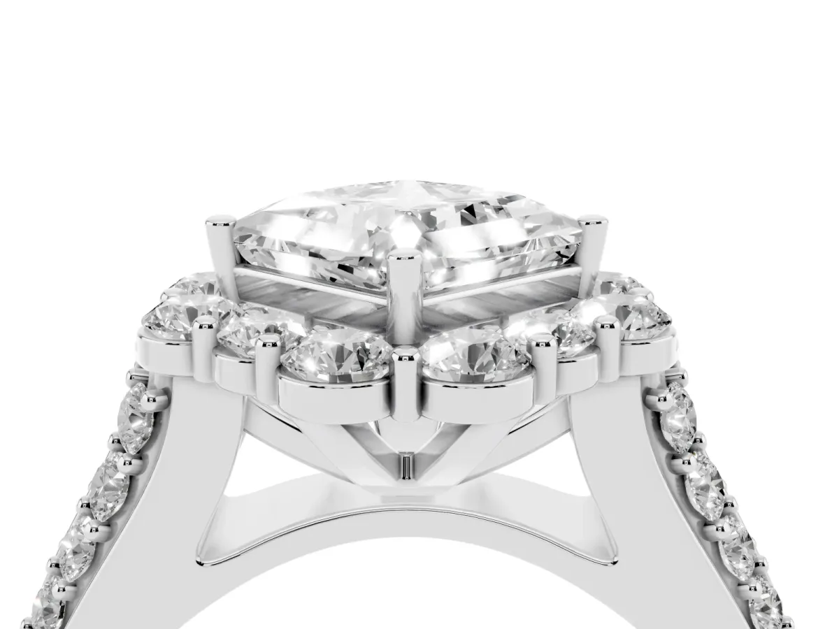 Princess Cut Halo Diamond Engagement Ring with Split Shank and Prong Setting Silver