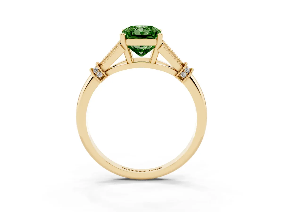 Fancy Green Radiant Cut Diamond Solitaire Ring with Floral Filigree and Pave Accents Yellow gold