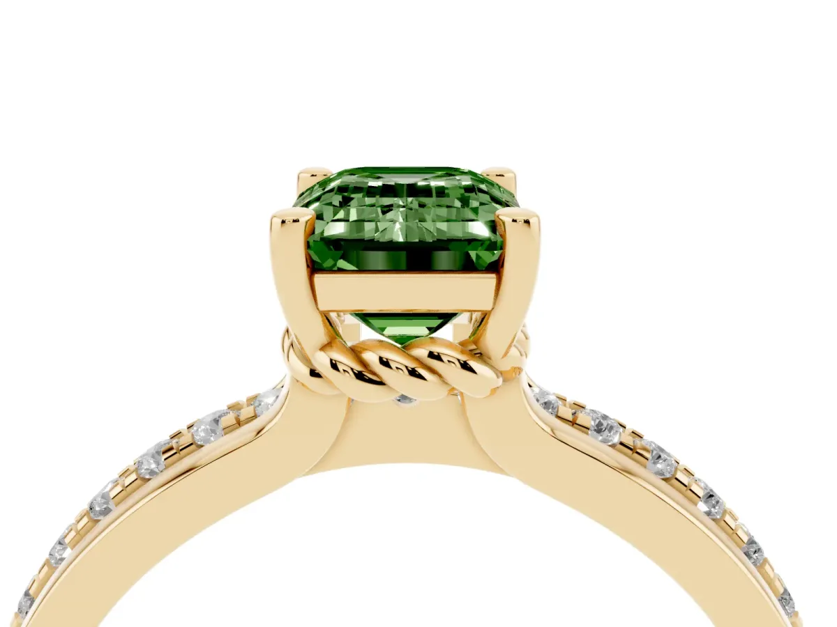 Fancy Green Emerald Cut Solitaire Diamond Ring with Channel Set Band and Six-Prong Setting Yellow gold