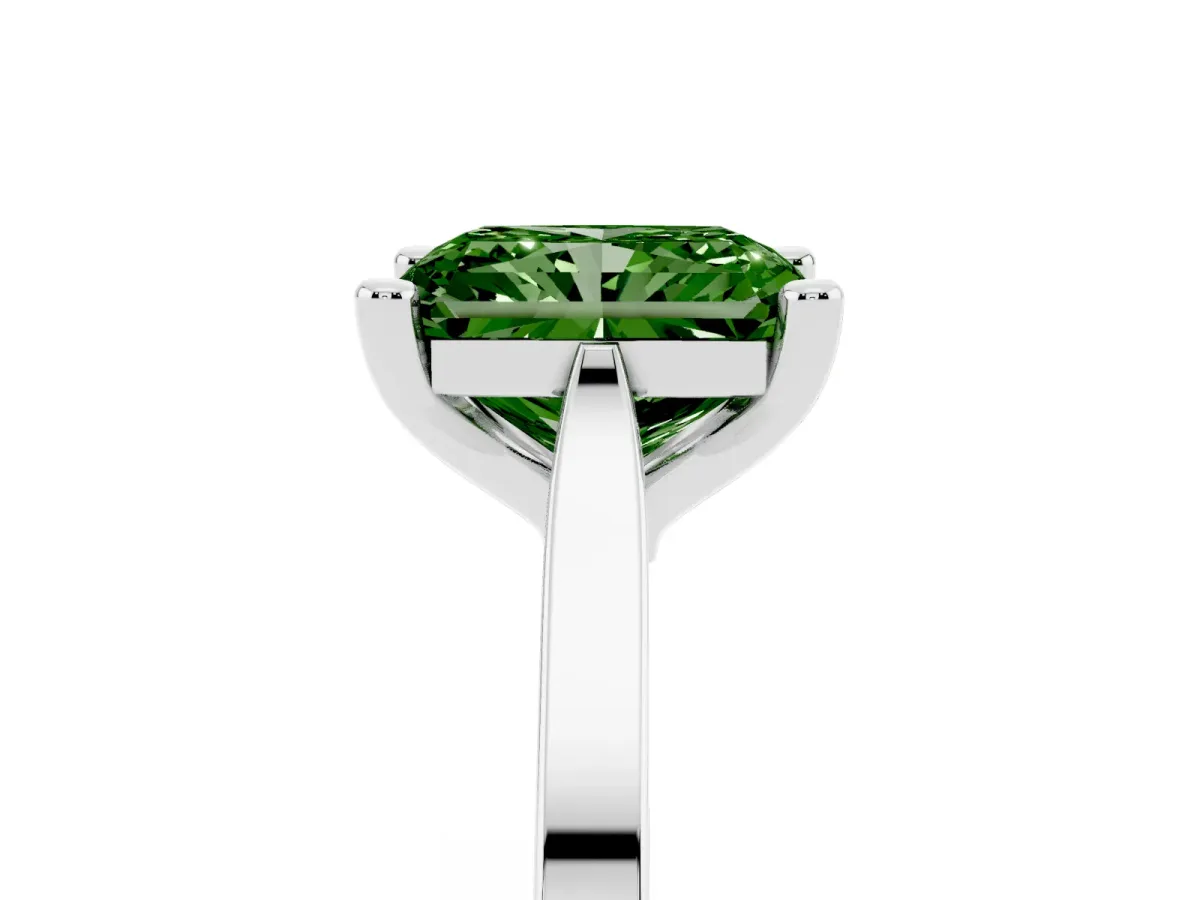 Fancy Green Radiant Cut Solitaire Diamond Ring with Four-Prong Setting and Tapered Band Silver