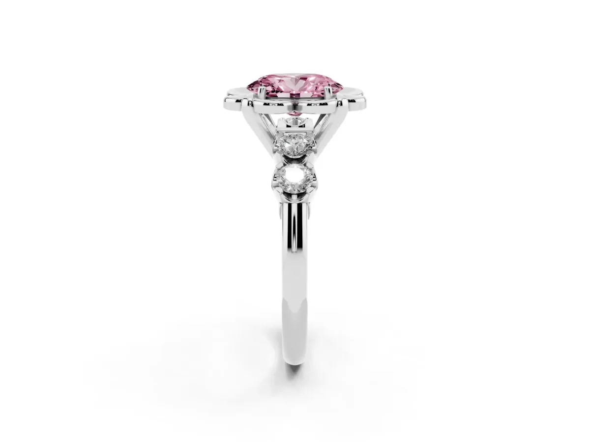 Fancy Pink Oval Cut Cut Diamond Floral Halo Engagement Ring with Shared Prong Setting Silver