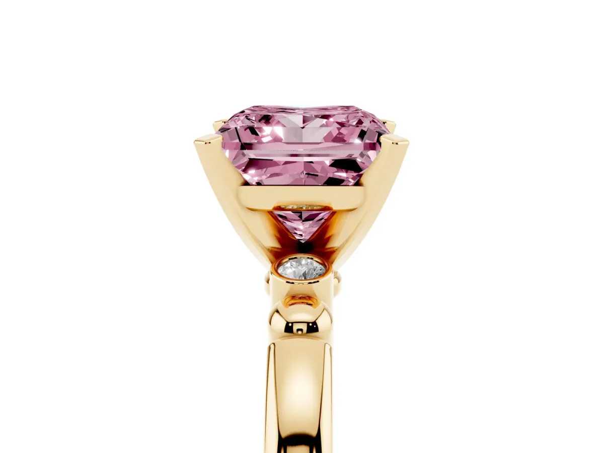 Fancy Pink Princess Cut Solitaire Beaded Band with Four-Prong Setting Yellow gold