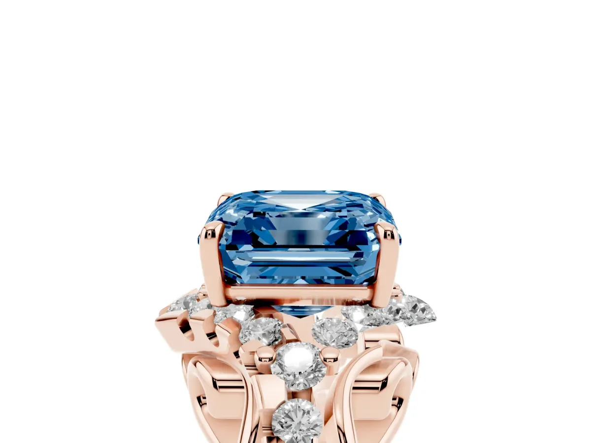 Fancy Blue Asscher Cut Diamond Solitaire Ring with Hidden Halo and Pavé Band Rose gold