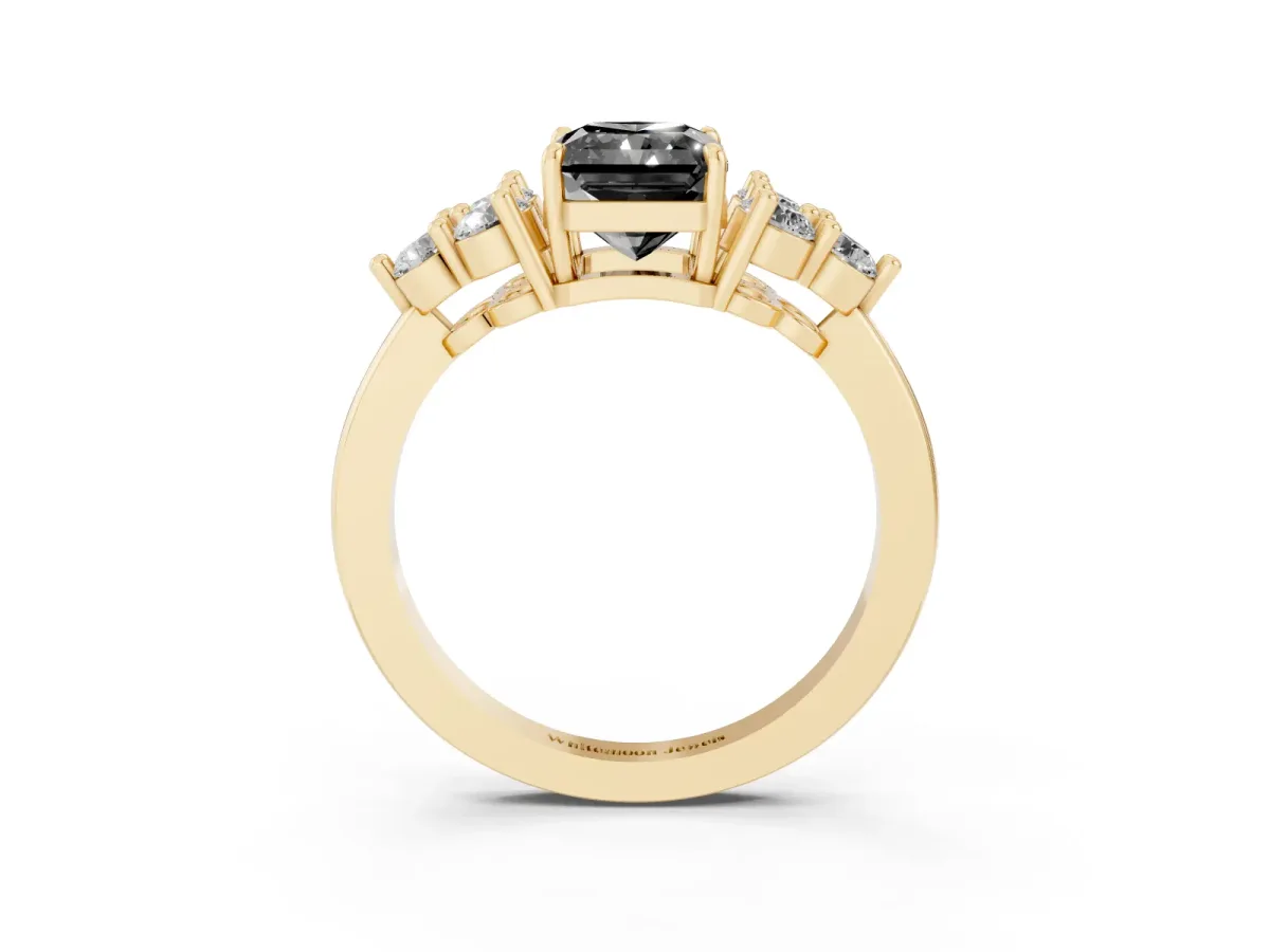 Fancy Black Radiant Cut Brilliant Diamond Cluster Accent Solitaire Ring with Prong Setting Yellow gold