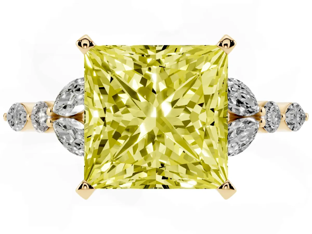 Fancy Yellow Princess Cut Diamond Solitaire Ring with Side Stones and Four-Prong Setting Yellow gold