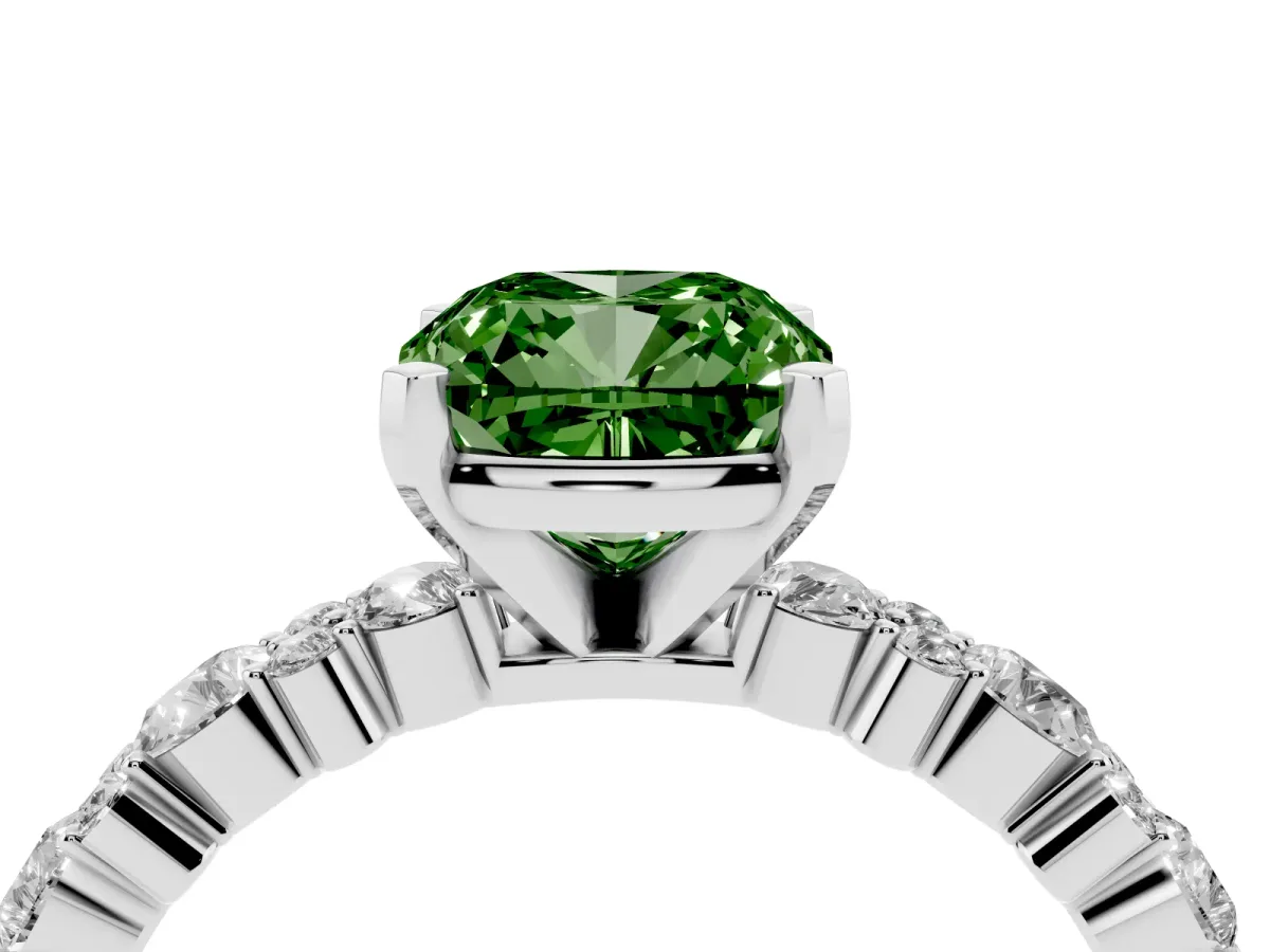 Fancy Green Cushion Cut Diamond Side Stone Solitaire Ring with Round and Four-Prong Setting Silver