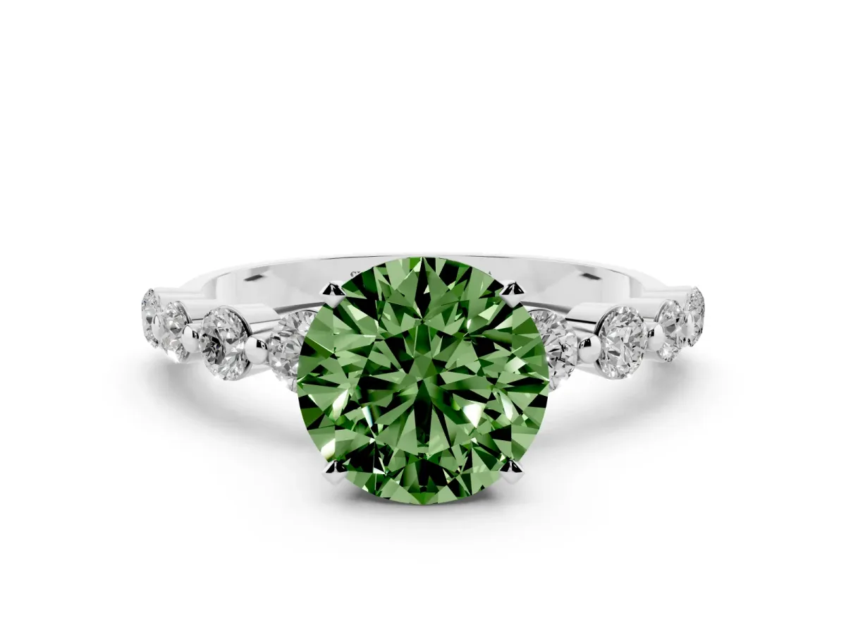 Fancy Green Round Cut Solitaire Diamond Ring with Pave Band and Four-Prong Setting Silver