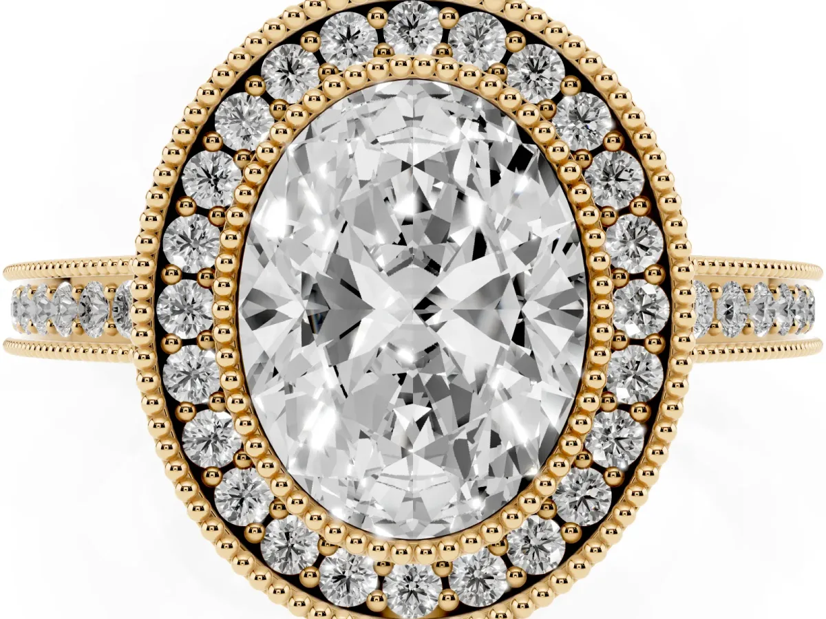 Oval Cut Cut Halo Diamond Ring with Pavé Band and Milgrain Prong Setting Yellow gold