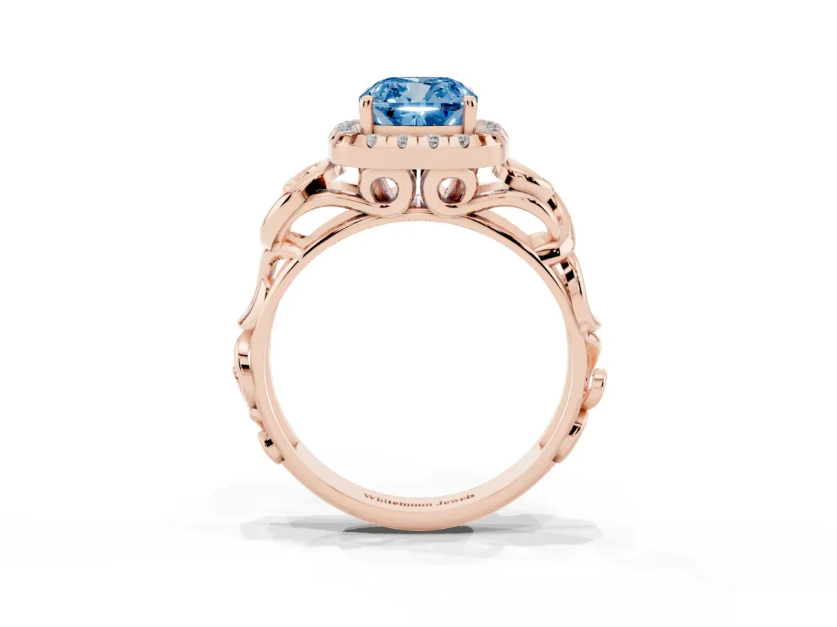 Fancy Blue Cushion Cut Cut Halo Diamond Ring with Scrollwork Band and Four-Prong Setting Rose gold
