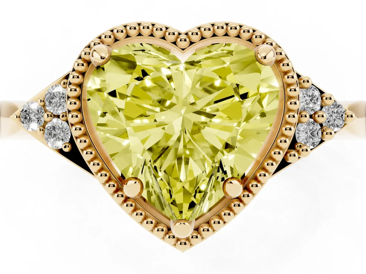 Fancy Yellow Heart Cut Diamond Halo Ring with Tapered Band and Four-Prong Setting Yellow gold