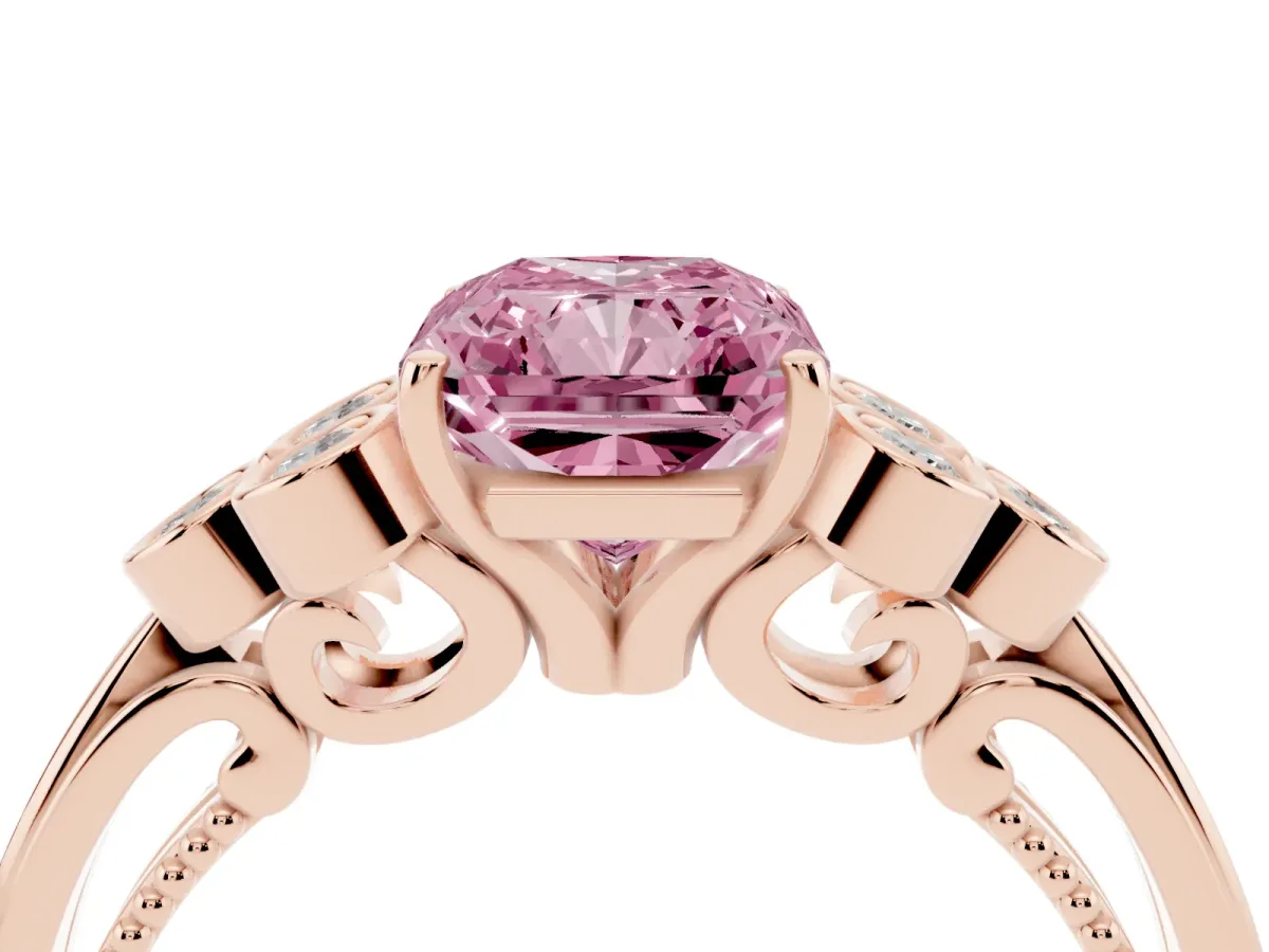 Fancy Pink Radiant Cut Cut Diamond Engagement Ring with Bezel Set Round Side Stones and Prong Setting Rose gold