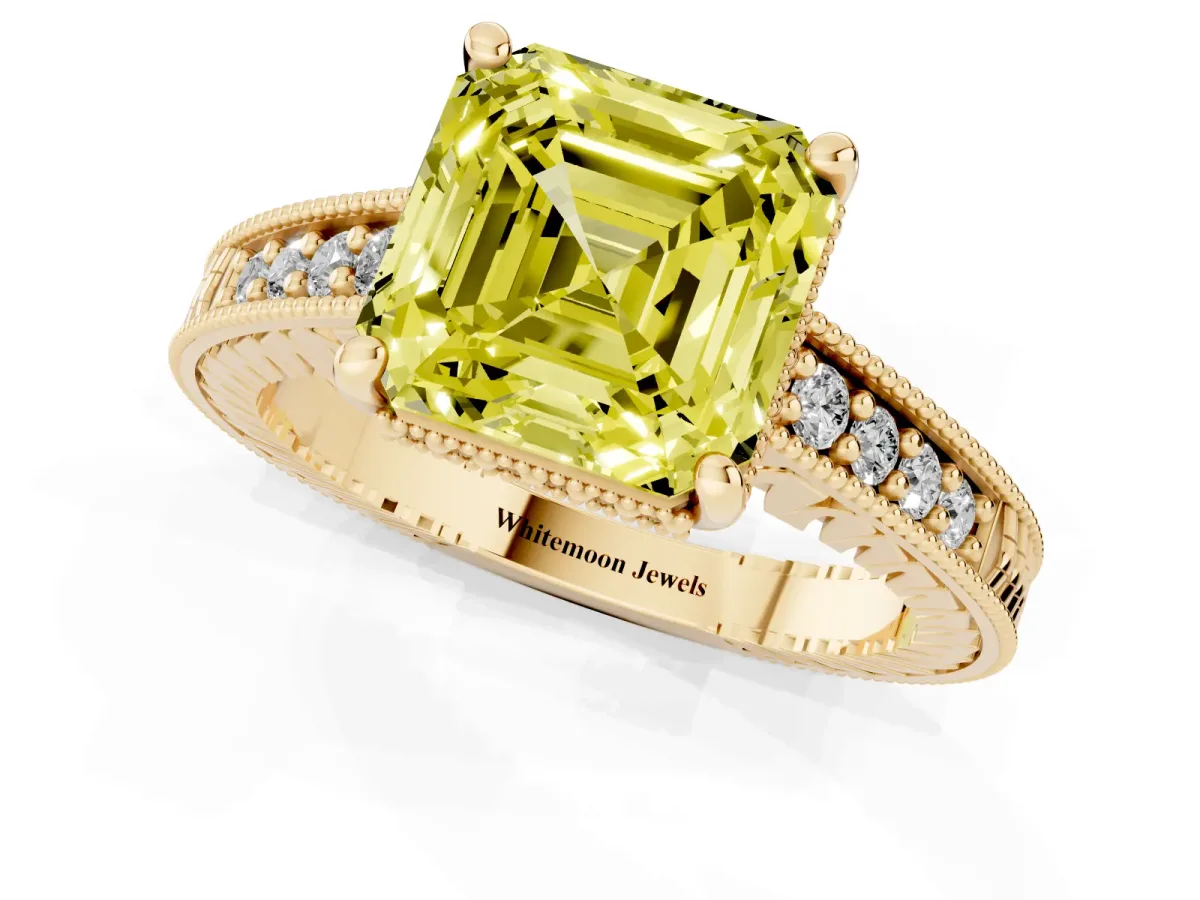 Fancy Yellow Asscher Cut Solitaire Pavé Diamond Milgrain Engagement Ring with Four-Prong Setting Yellow gold
