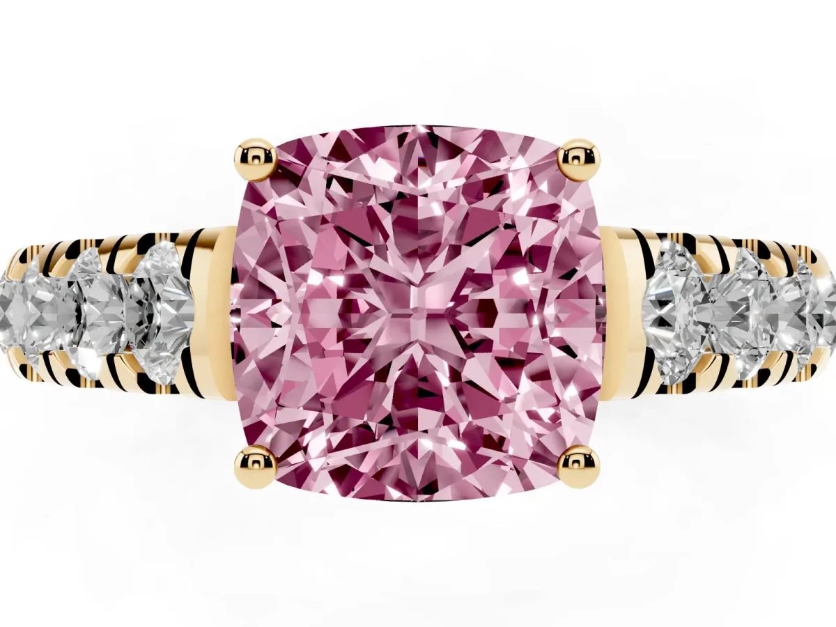 Fancy Pink Cushion Cut Cut Diamond Solitaire Ring with Micro Pave Band and Prong Setting Yellow gold