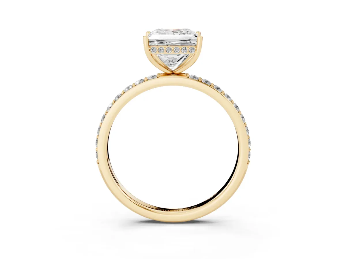 Princess Cut Diamond Solitaire Ring with Pavé Band and Hidden Halo Yellow gold