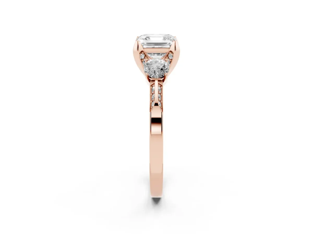 Asscher Cut Brilliant Three-Stone Diamond Ring with Pavé Band and Four-Prong Setting Rose gold