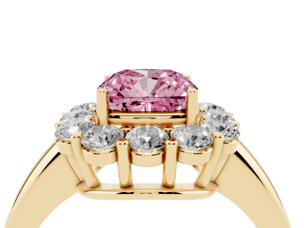 Fancy Pink Cushion Cut Halo Cluster Diamond Engagement Ring with Prong Setting and Polished Band Yellow gold