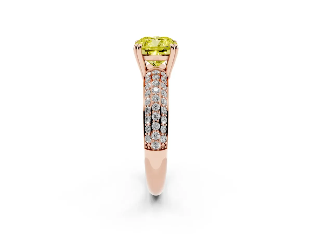 Fancy Yellow Cushion Cut Diamond Solitaire Ring with Multi-Row Round Pavé Band and Prong Setting Rose gold