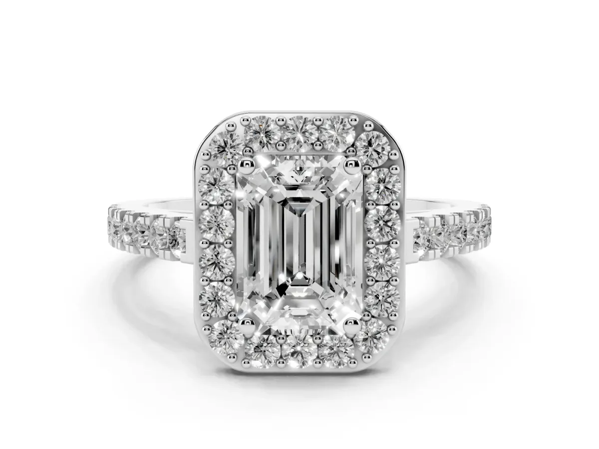 Emerald Cut Diamond Halo Ring with Round Pavé Split Shank and Prong Setting Silver