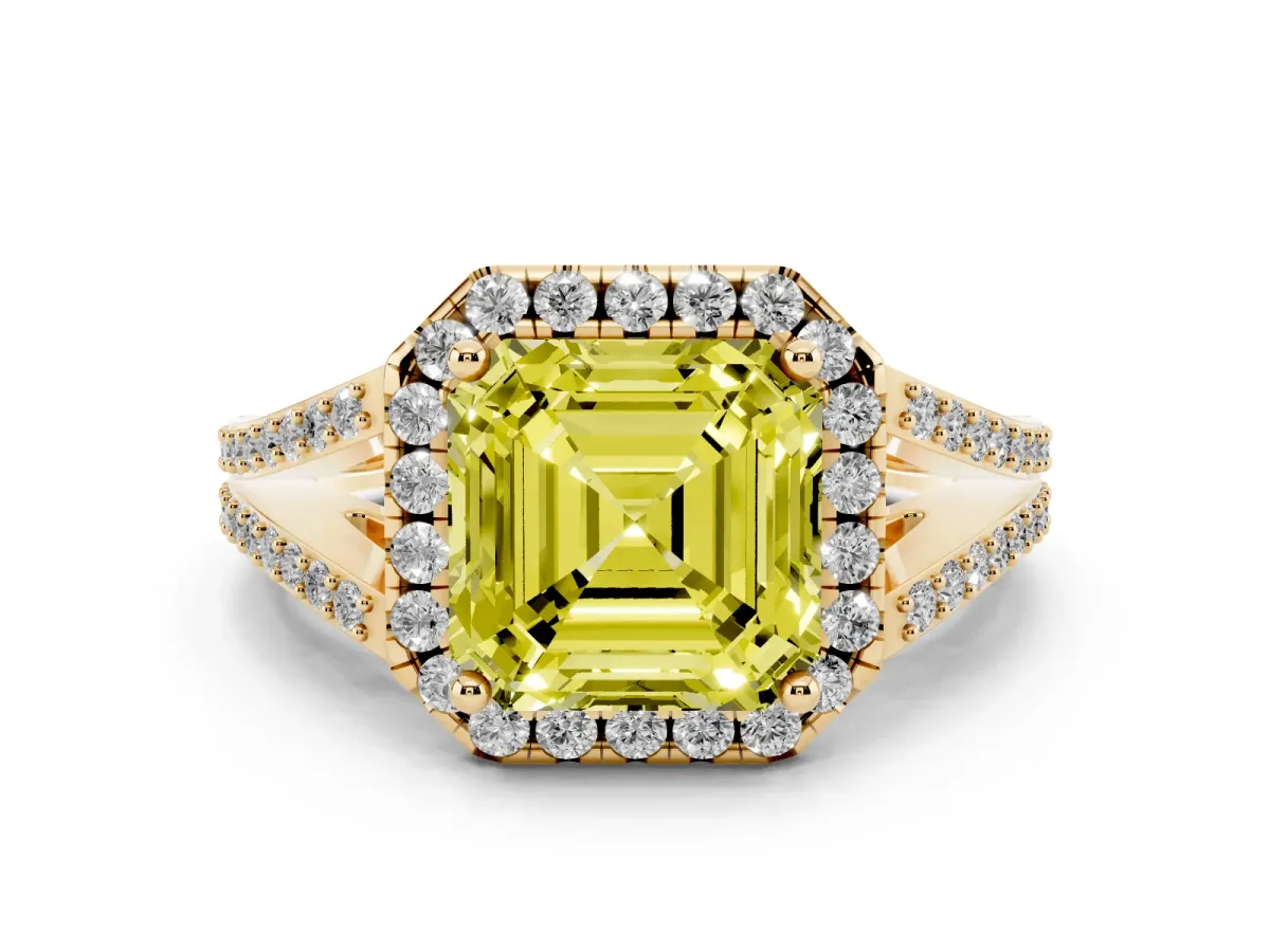 Fancy Yellow Asscher Cut Halo Split Shank Diamond Ring with Prong Setting Yellow gold