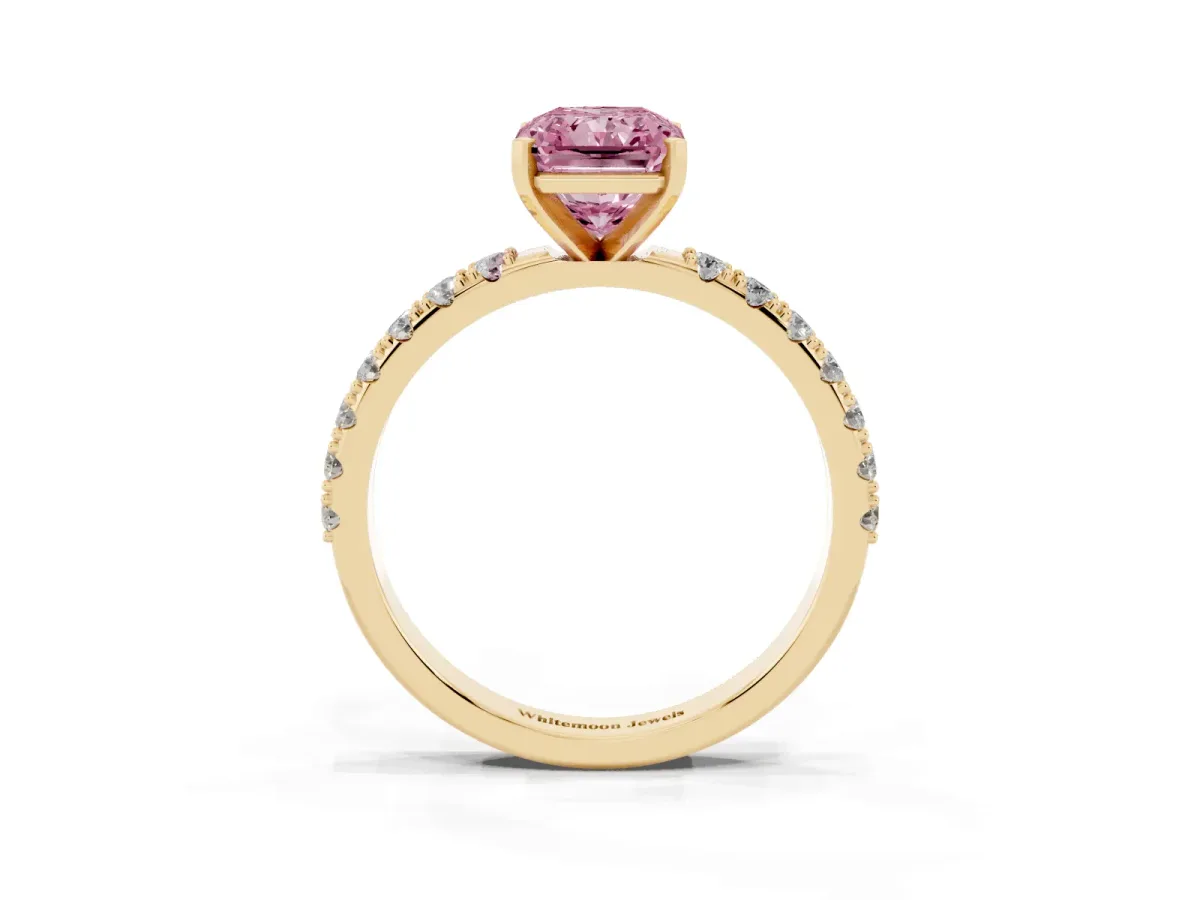 Fancy Pink Radiant Cut Diamond Solitaire Pavé Band with Four-Prong Setting Yellow gold