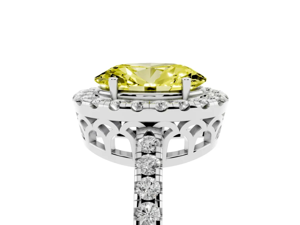 Fancy Yellow Oval Cut Halo Diamond Engagement Ring with Pavé Band and Four-Prong Setting Silver