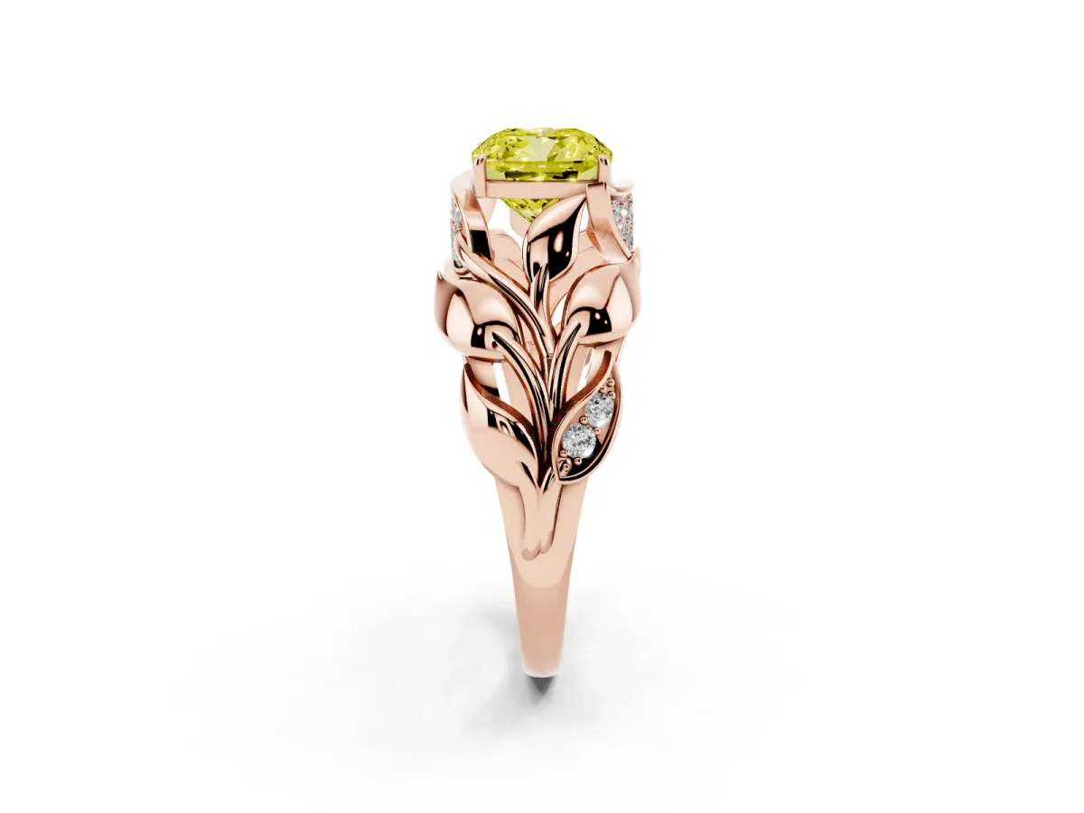 Fancy Yellow Cushion Cut Diamond Leaf-Inspired Engagement Ring with Round Accents and Prong Setting Rose gold