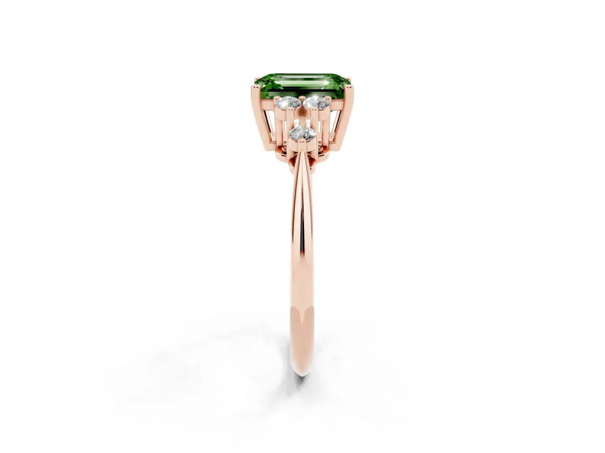 Fancy Green Emerald Cut Cut Diamond Cluster Ring with Solitaire Band and Four-Prong Setting Rose gold