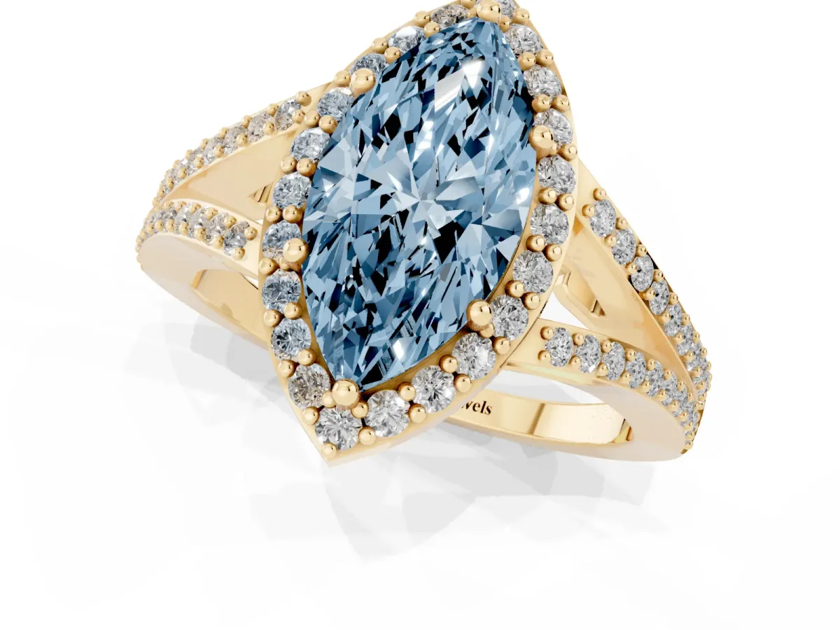Fancy Blue Marquise Cut Halo Split Shank Pave Diamond Ring with Four-Prong Setting Yellow gold