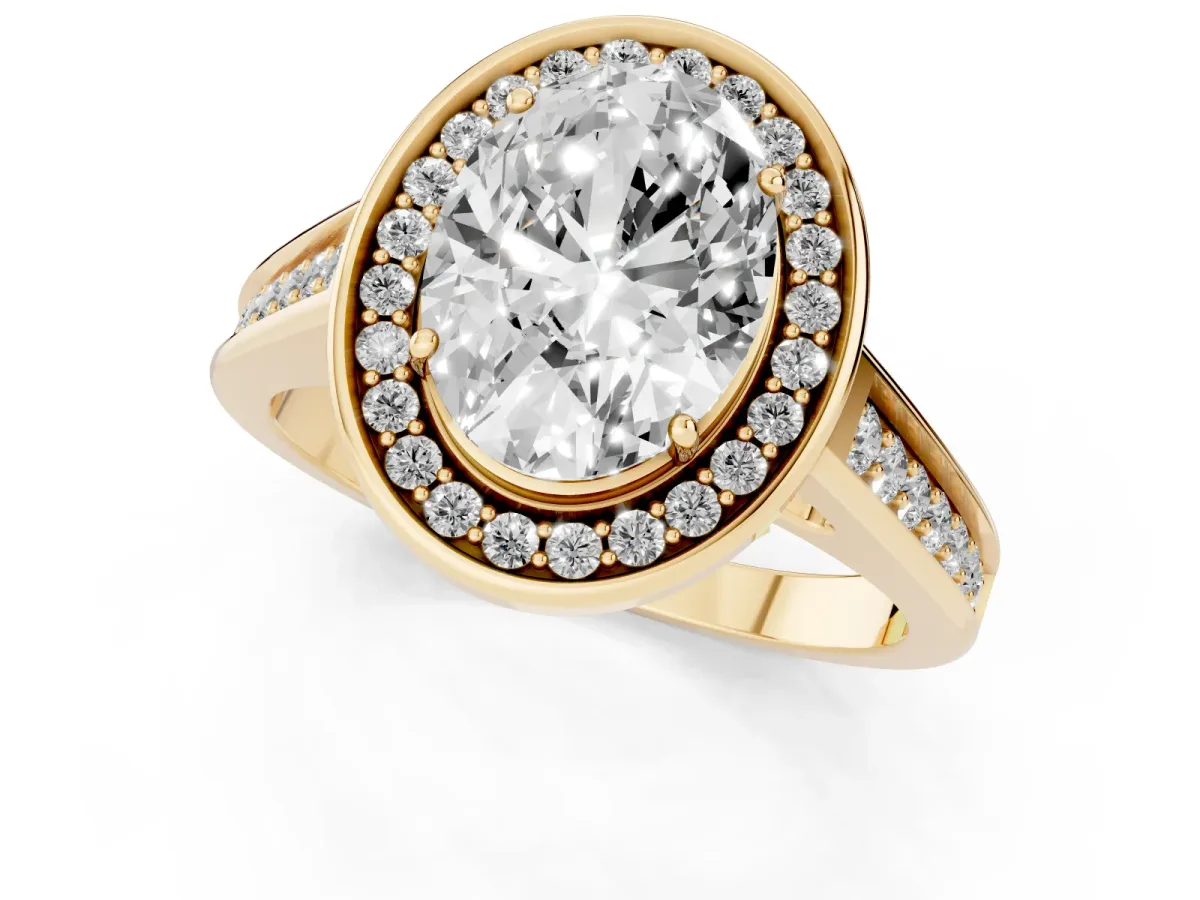 Oval Cut Halo Solitaire Diamond Ring with Pave Band and Bezel Setting Yellow gold