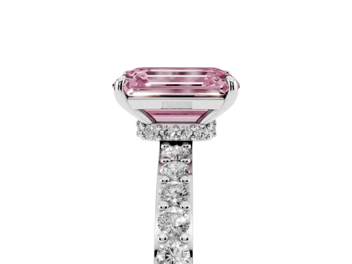Fancy Pink Emerald Cut Diamond Solitaire Engagement Ring with Pavé Band and Four-Prong Setting Silver