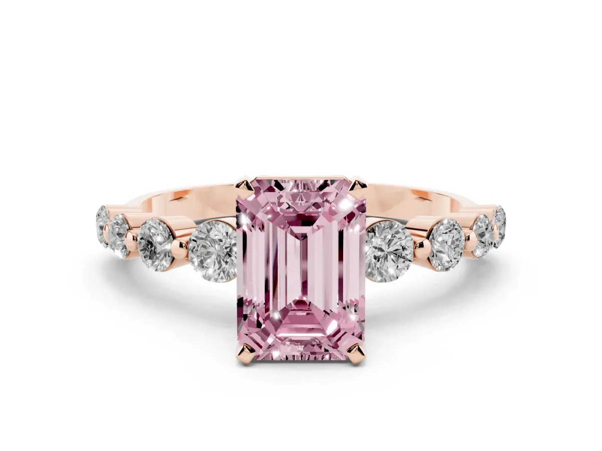 Fancy Pink Emerald Cut Solitaire Diamond Ring with Pave Band and Four-Prong Setting Rose gold