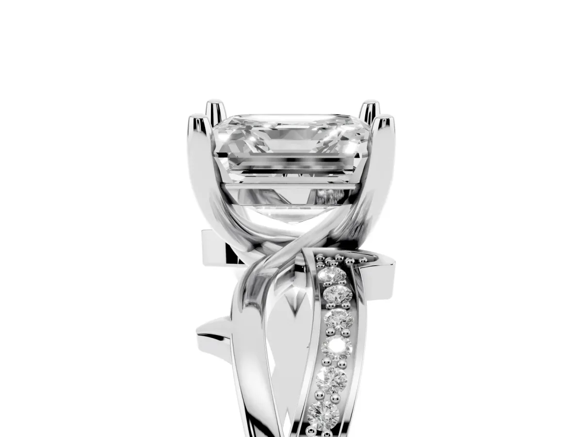 Asscher Cut Solitaire Twist Band with Pavé Accents and Four-Prong Setting White gold
