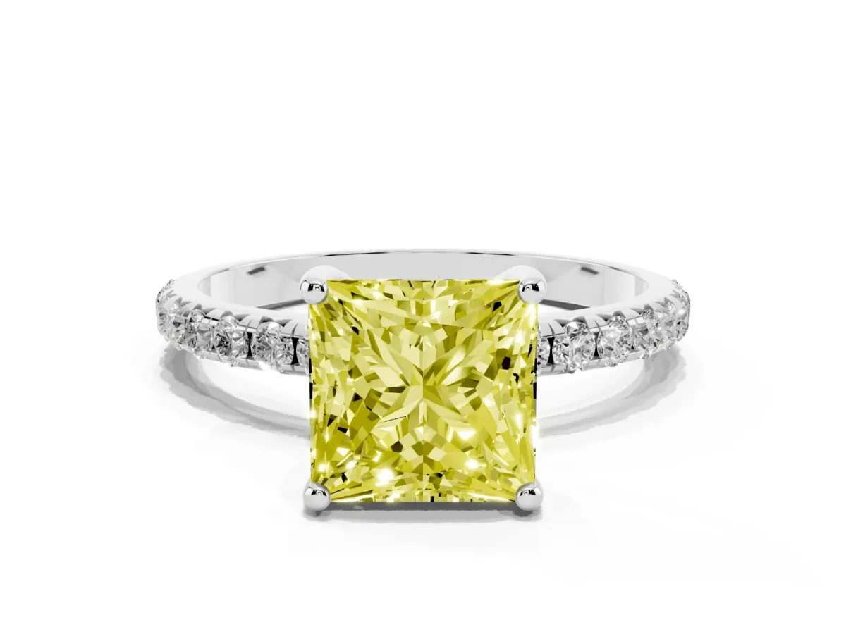 Fancy Yellow Princess Cut Cut Diamond Solitaire Ring with Micro Pave Band and Four Prong Setting Silver