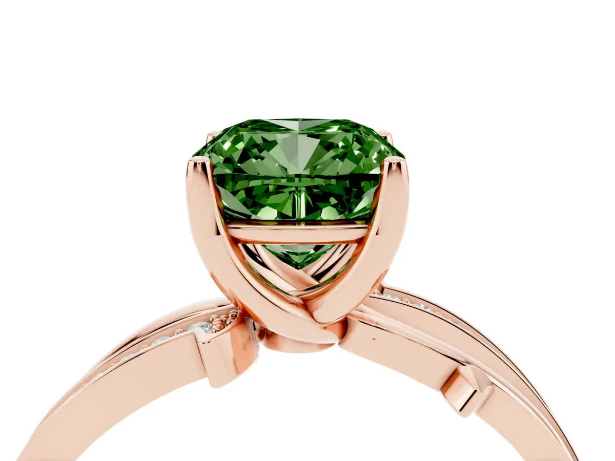 Fancy Green Cushion Cut Solitaire Twist Band with Pavé Accents and Four-Prong Setting Rose gold