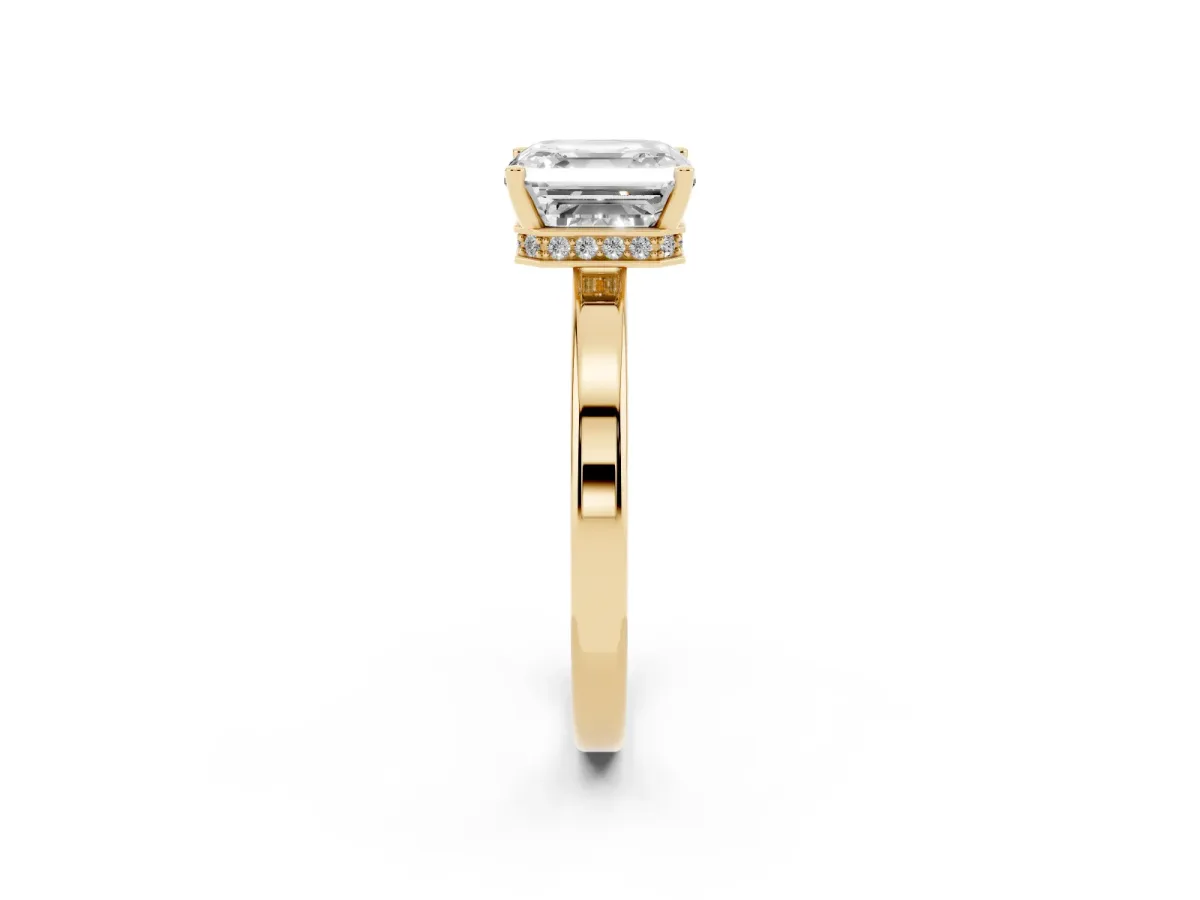 Asscher Cut Cut Solitaire Engagement Ring with Four-Prong Setting on a Classic Band Yellow gold